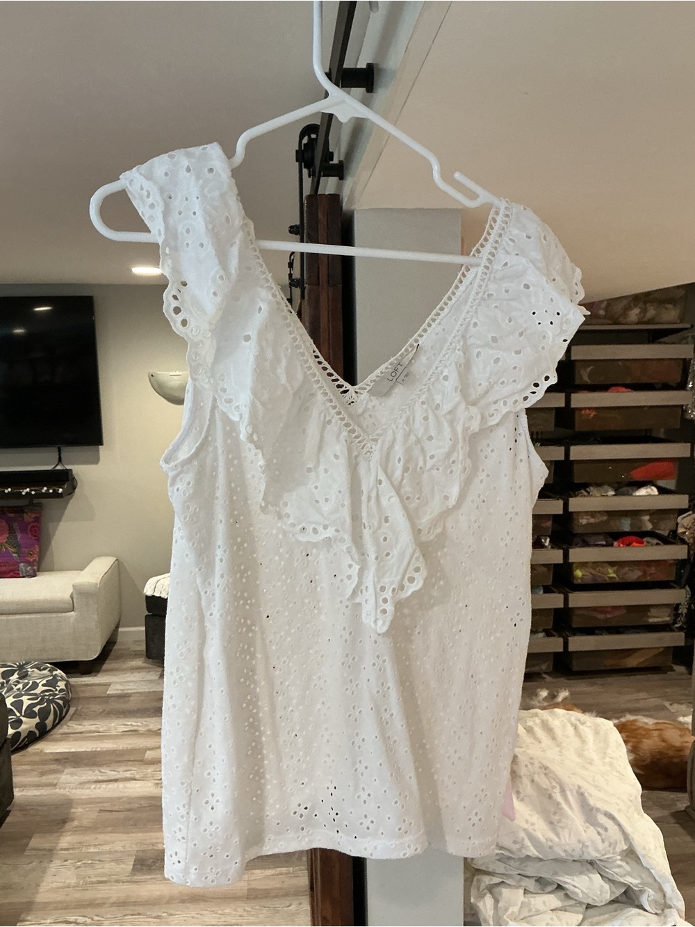 Loft Eyelet Ruffle V-Neck Top - White